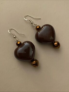 Good Vibes Only Heart Drop Brown Glass Bead Earrings!